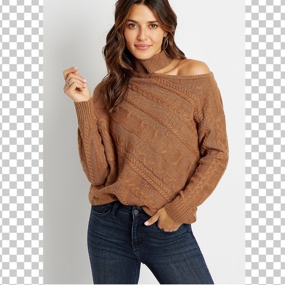 Cable Knit Mock Neck One Shoulder Sweater - Picture 6 of 10